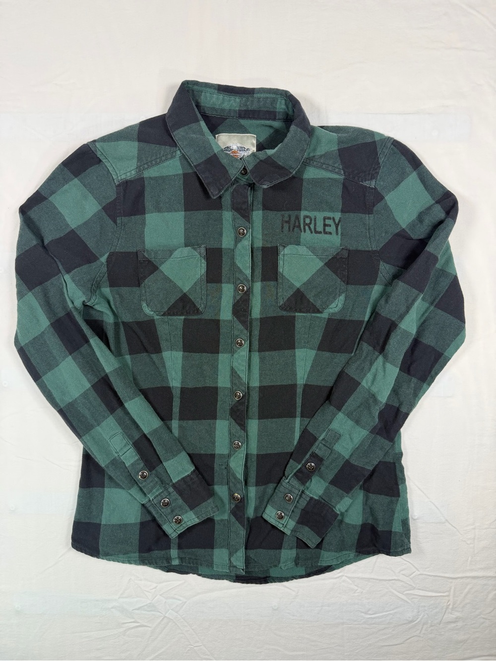 Harley-Davidson Women's Green Black Buffalo Plaid Button-Up Shirt Small